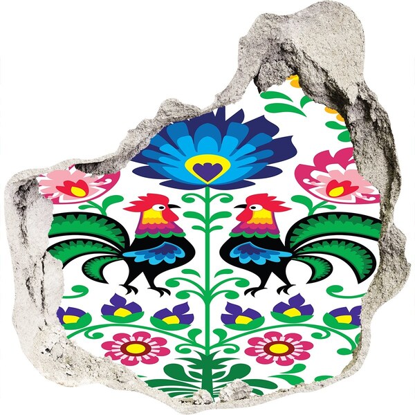 Naklejka 3D dziura na ścianę Kwiecisty folklor z kurkami