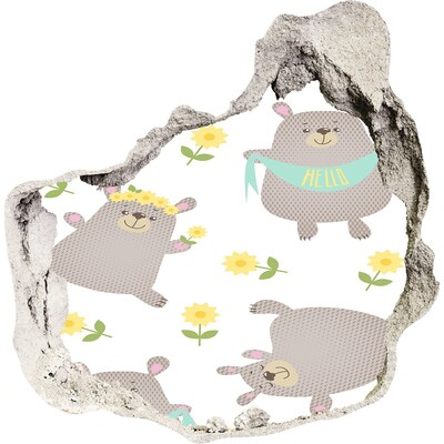 Dziura 3d fototapeta naklejka Uśmiechnięte misie w kwiatowej scenerii