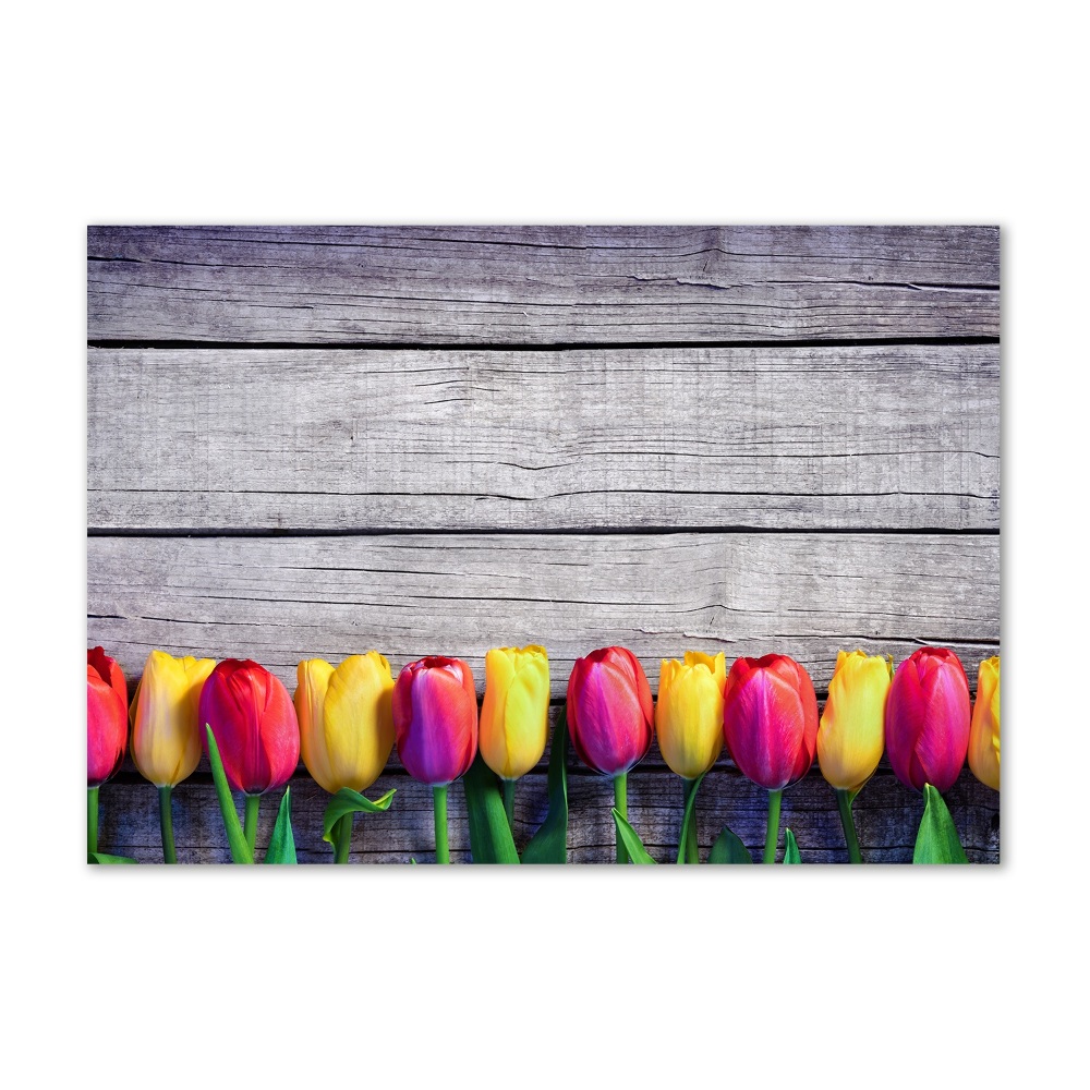 Obraz zdjęcie akryl Tulipany na drewnie