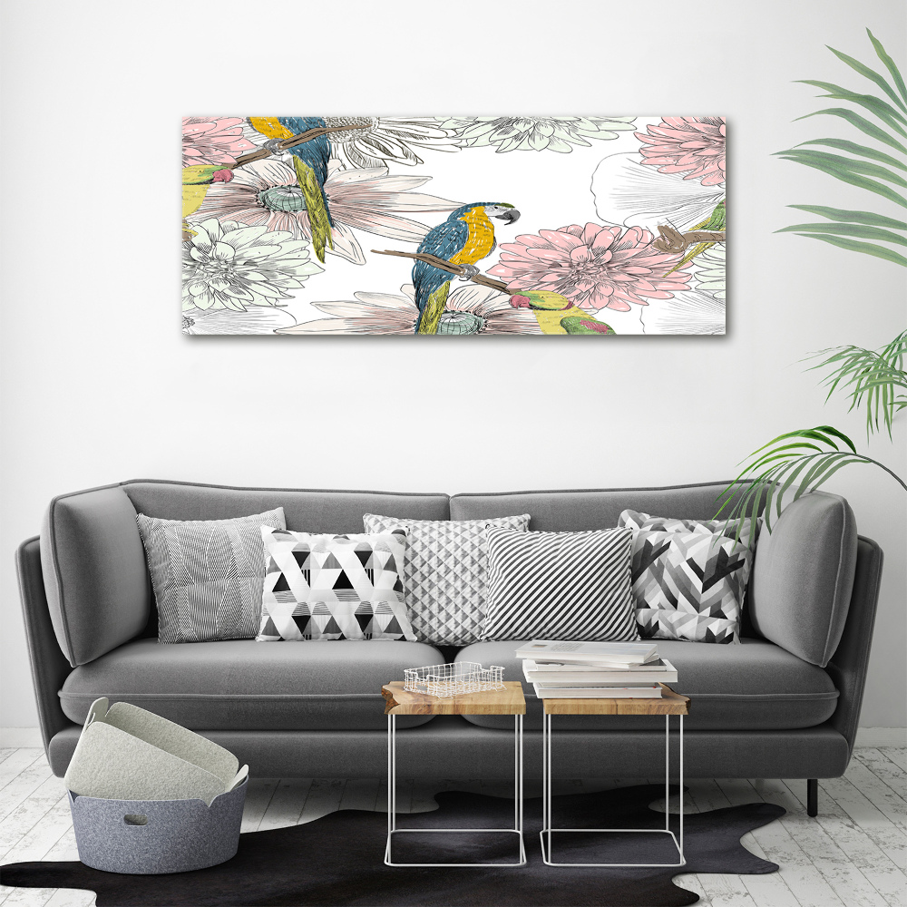 Obraz zdjęcie szkło akryl Papugi i kwiaty