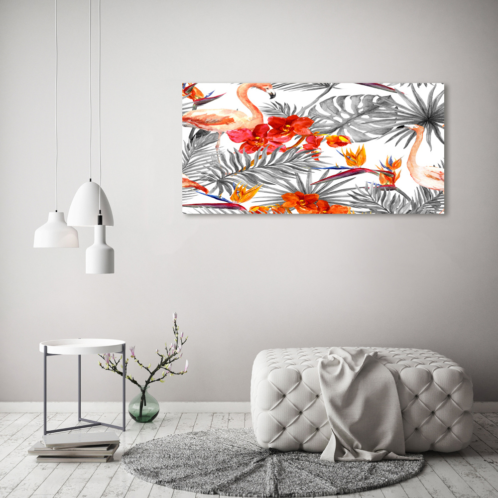 Foto obraz szkło akryl Flamingi i kwiaty