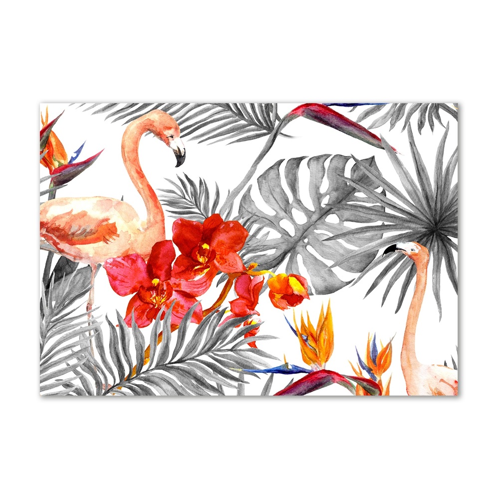 Foto obraz szkło akryl Flamingi i kwiaty