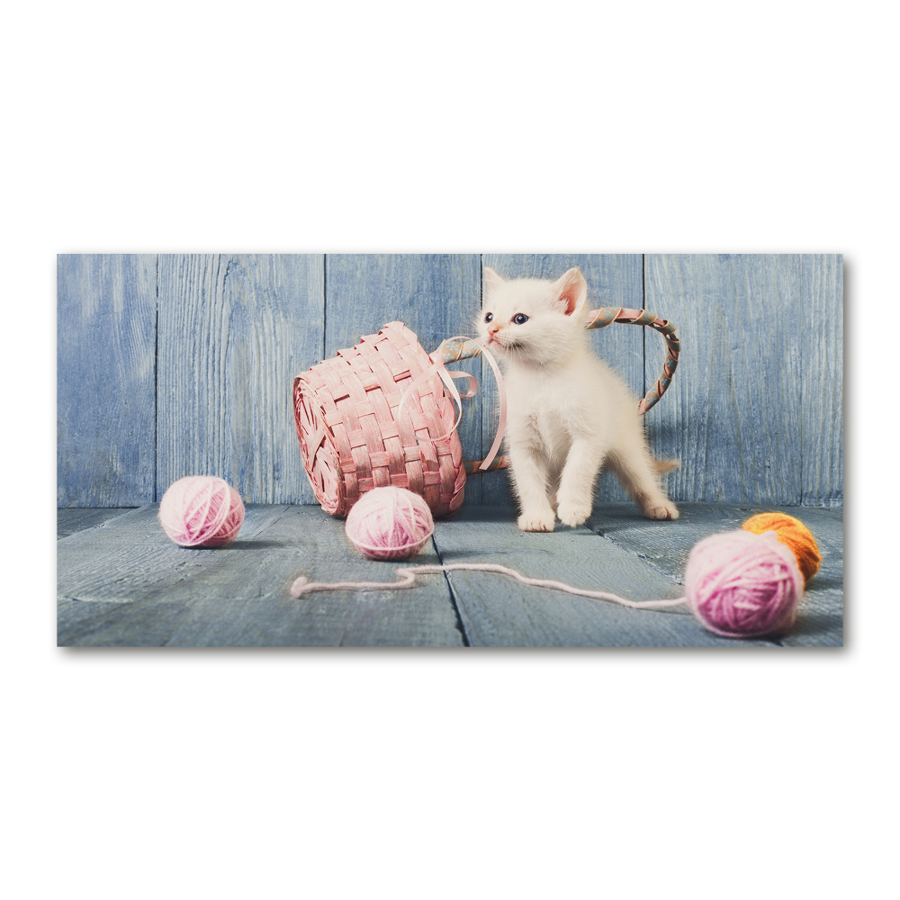 Foto obraz szkło akryl Biały kot i motki