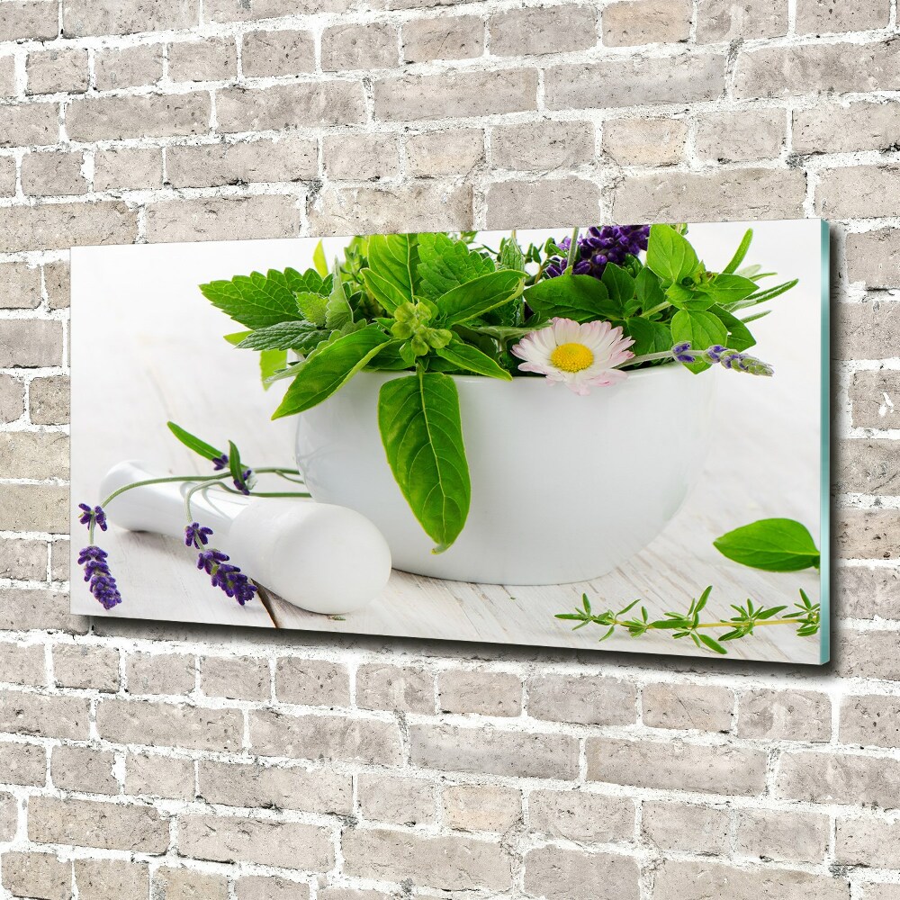 Foto obraz szkło akryl Moździerz i zioła
