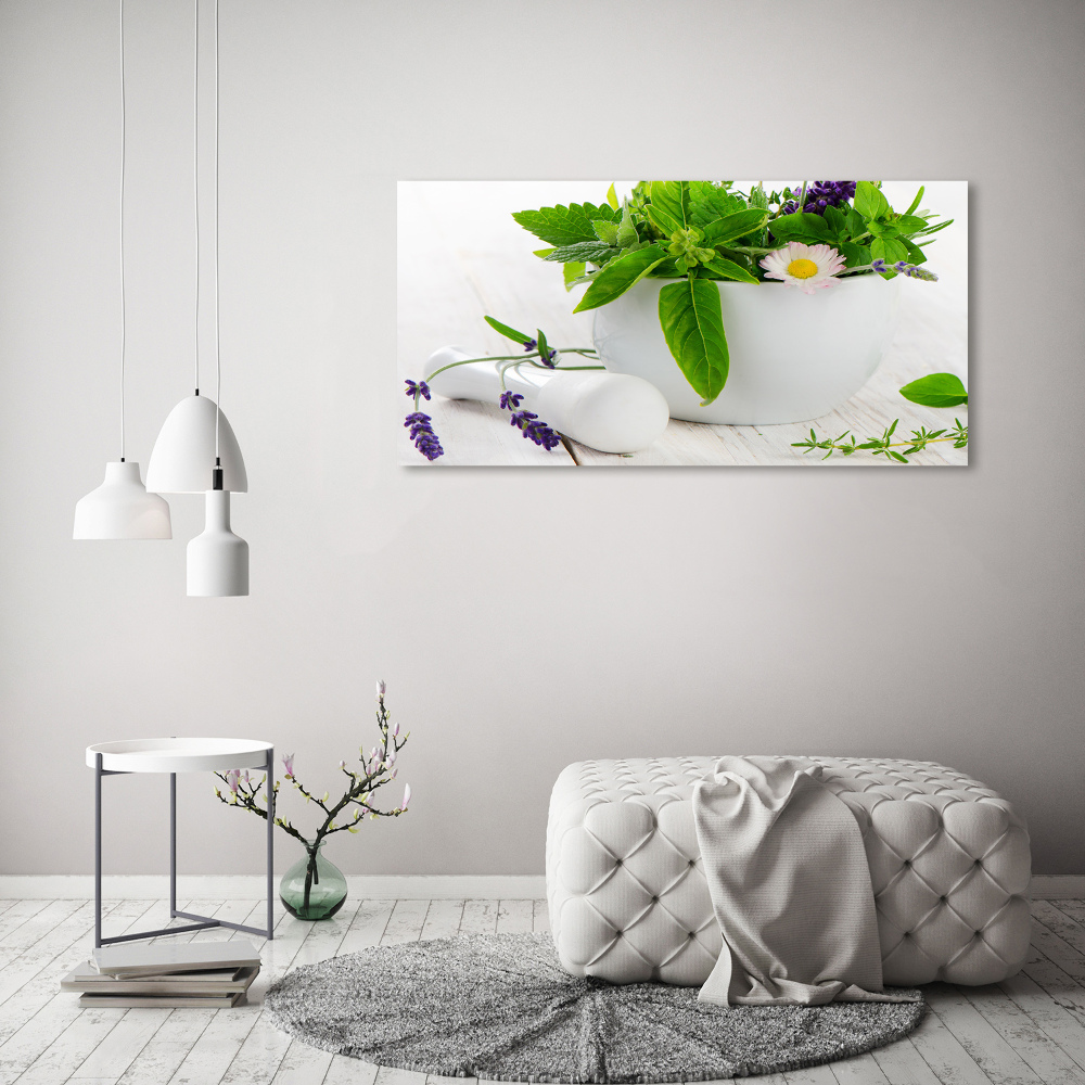 Foto obraz szkło akryl Moździerz i zioła