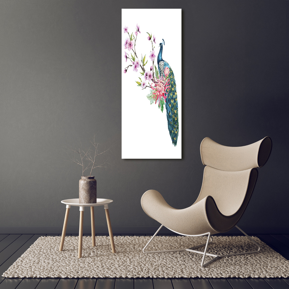 Foto obraz szkło akryl pionowy Paw i kwiaty