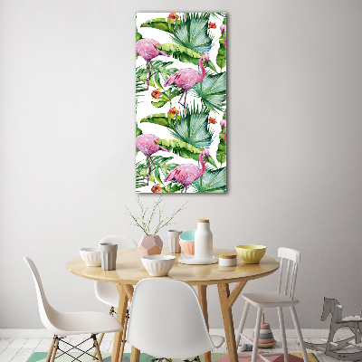 Obraz zdjęcie na ścianę szkło akrylowe pionowy Liście i flamingi