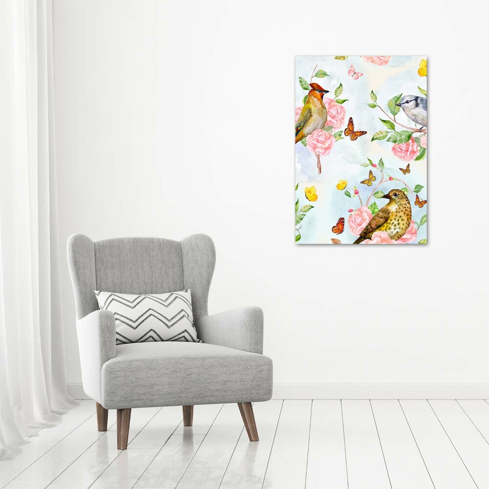 Obraz zdjęcie akryl pionowy Ptaki motyle kwiaty
