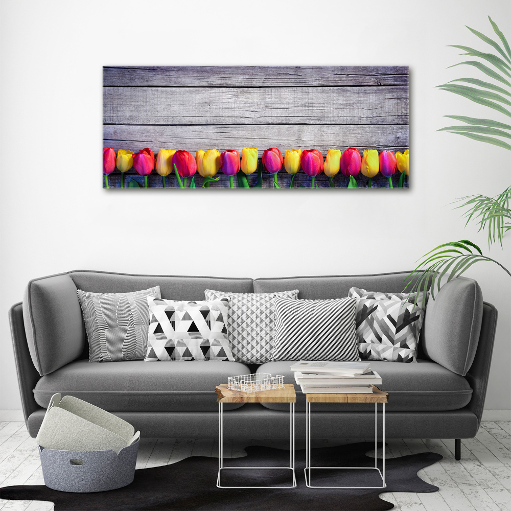 Foto obraz na płótnie Tulipany na drewnie