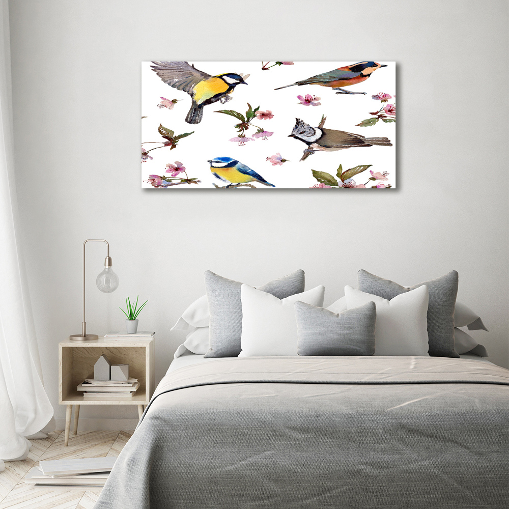 Foto obraz na płótnie Ptaki kwiaty wiśni