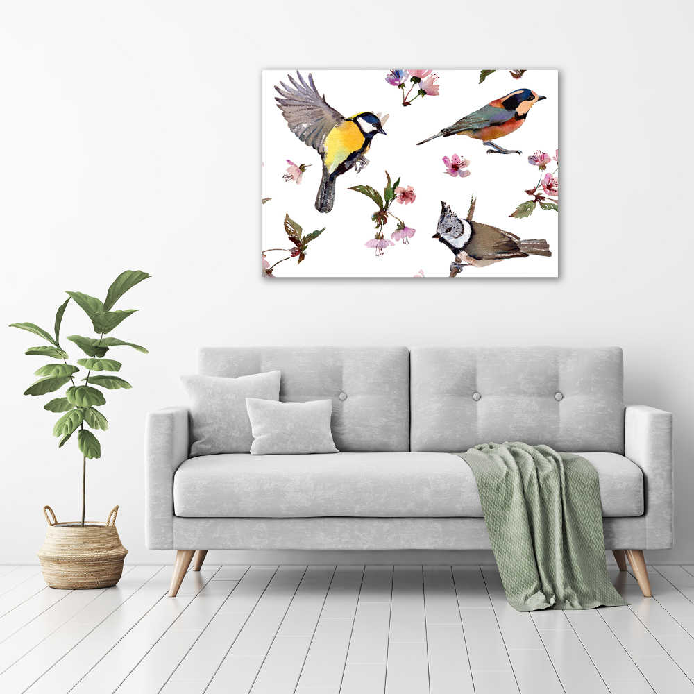 Foto obraz na płótnie Ptaki kwiaty wiśni
