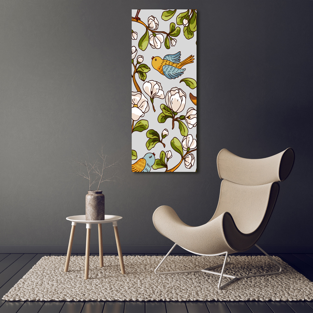 Foto obraz na płótnie pionowy Ptaki i kwiaty