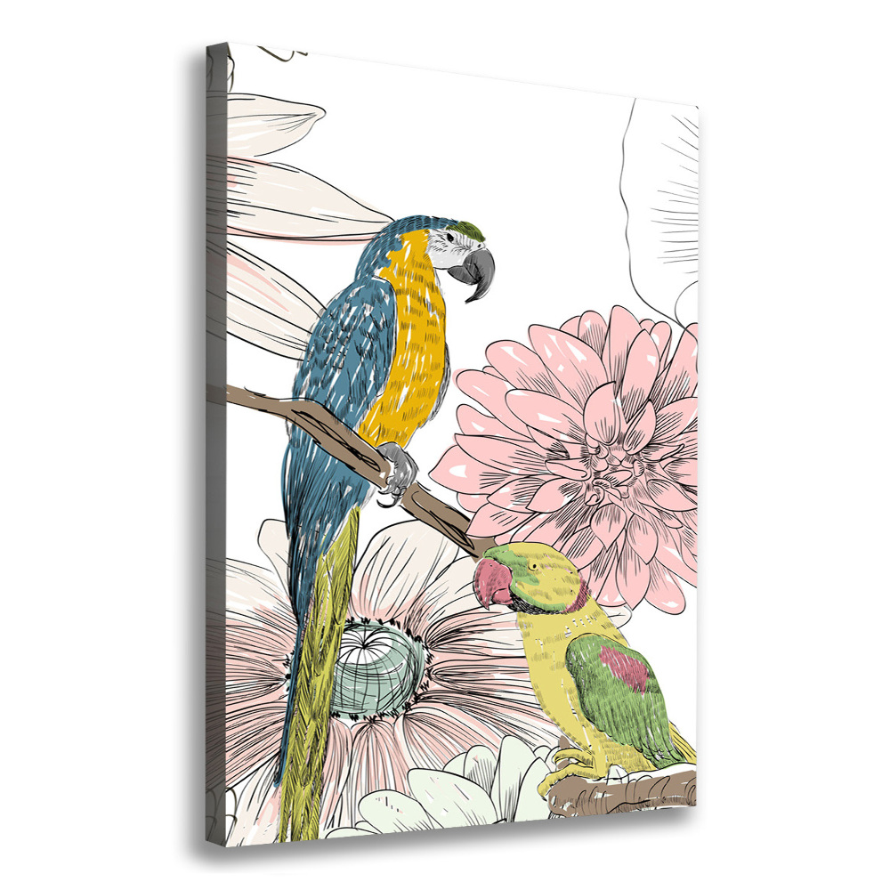 Foto obraz na płótnie pionowy Papugi i kwiaty