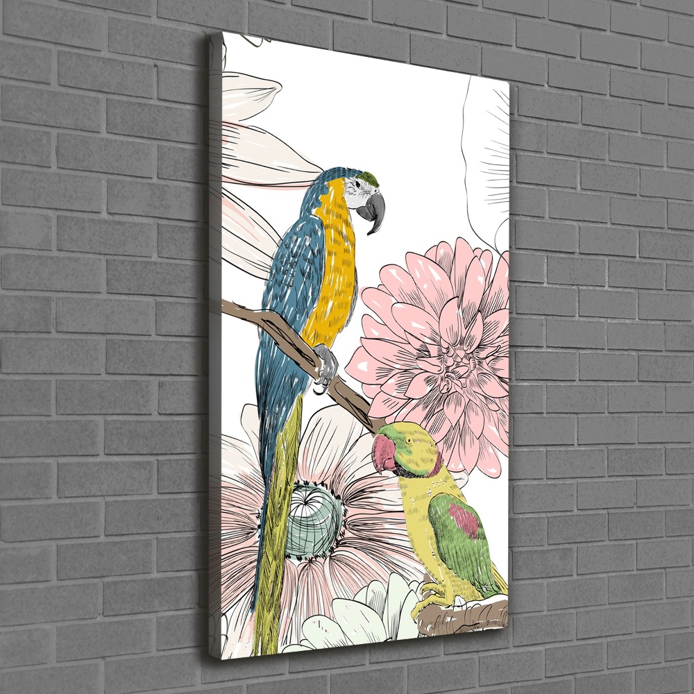 Foto obraz na płótnie pionowy Papugi i kwiaty