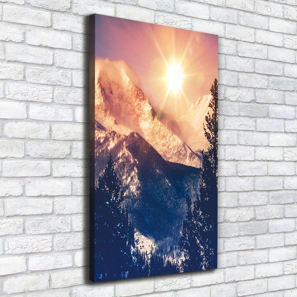 Foto obraz na płótnie pionowy Słońce nad górami