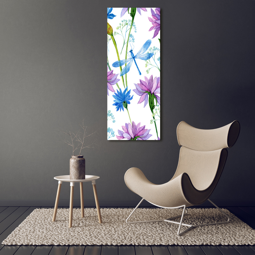 Foto obraz na płótnie pionowy Kwiaty i ważki