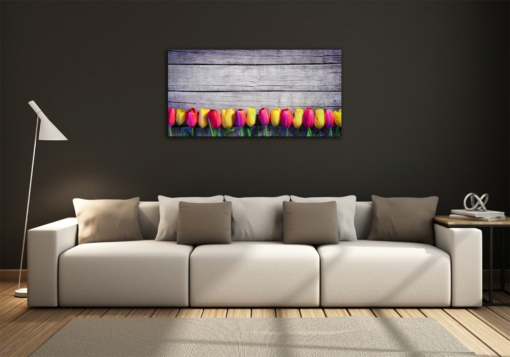 Foto obraz szklany Tulipany na drewnie