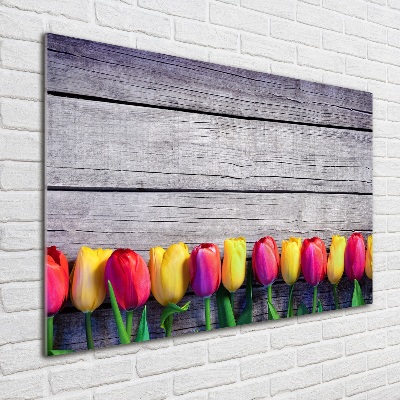 Foto obraz szklany Tulipany na drewnie