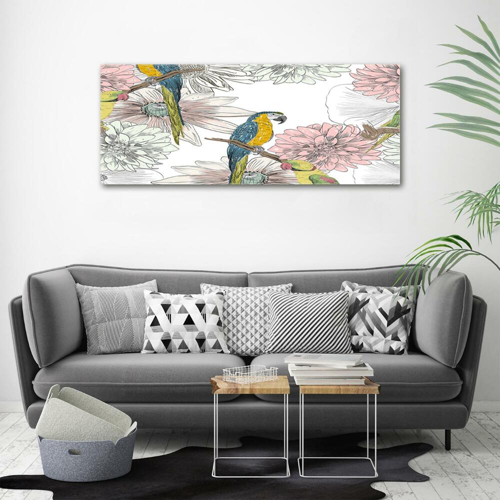 Fotoobraz na ścianę szklany Papugi i kwiaty
