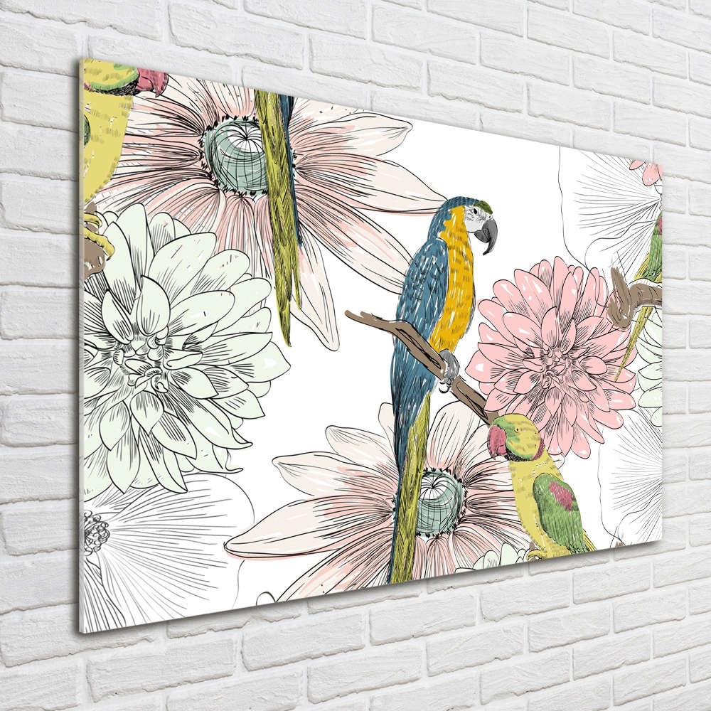 Fotoobraz na ścianę szklany Papugi i kwiaty