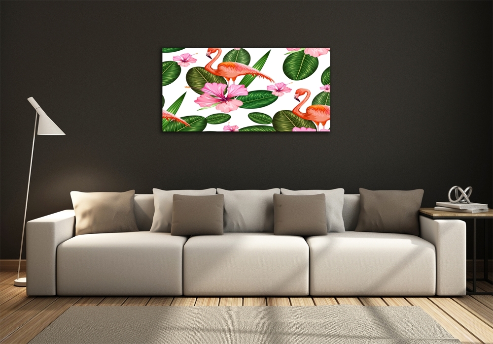 Foto-obraz szklany Flamingi i rośliny