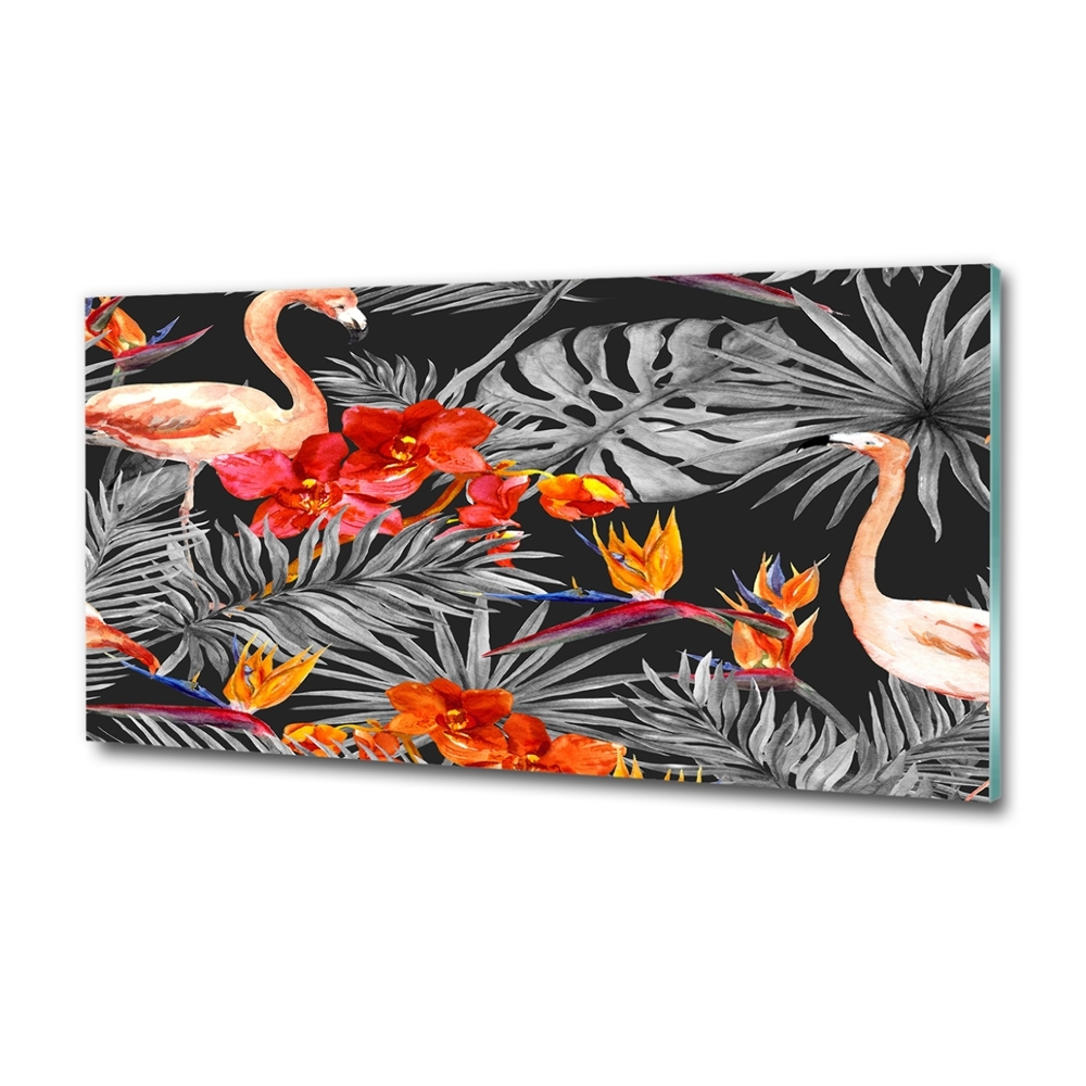 Foto-obraz szklany Flamingi i kwiaty