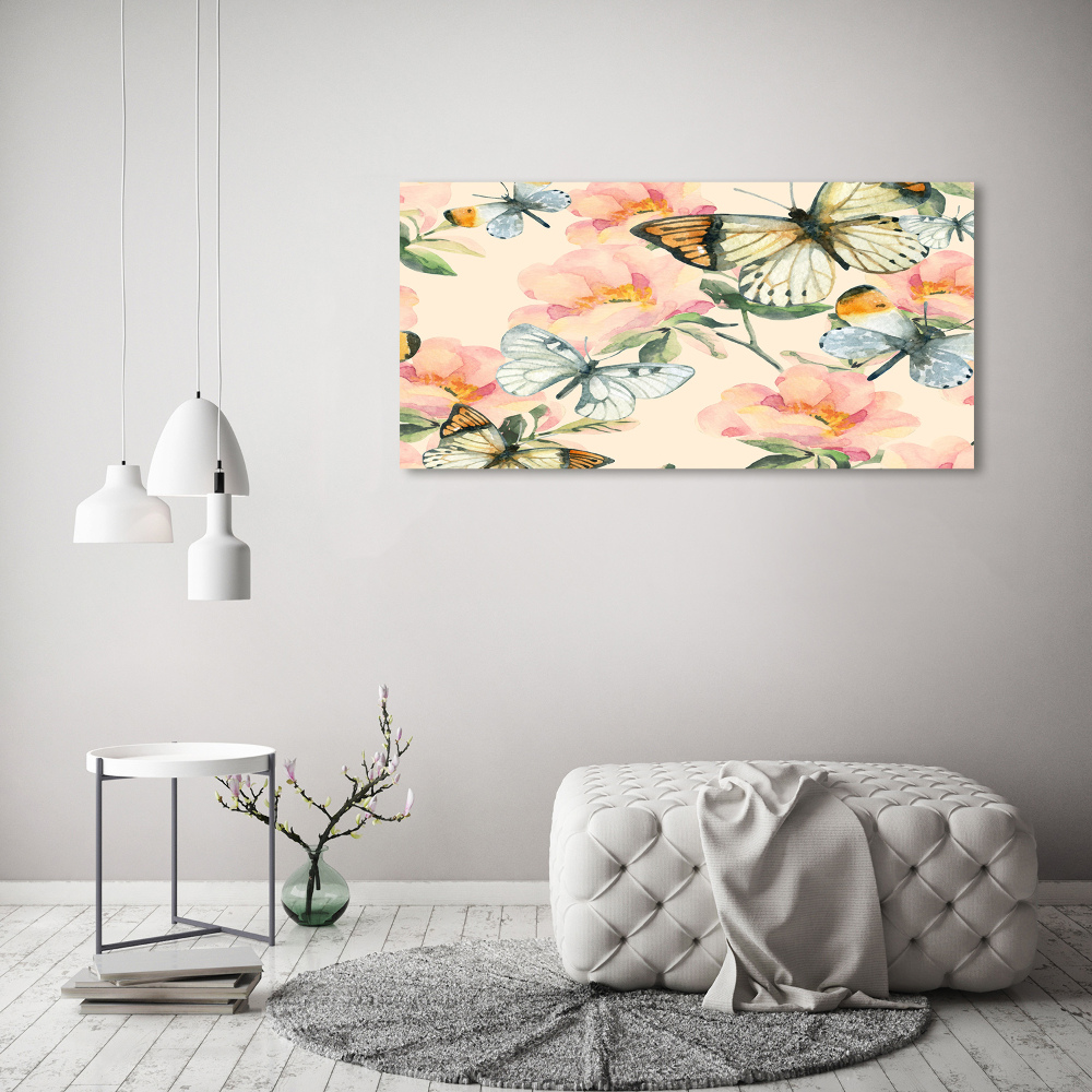 Fotoobraz na ścianę szklany Motyle i kwiaty