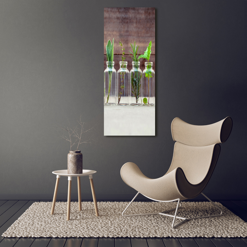 Foto obraz szklany pionowy Zioła w słoikach