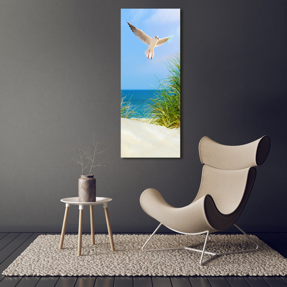 Foto obraz szklany pionowy Mewa nad wydmami