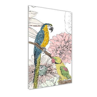 Foto obraz na szkle pionowy Papugi i kwiaty