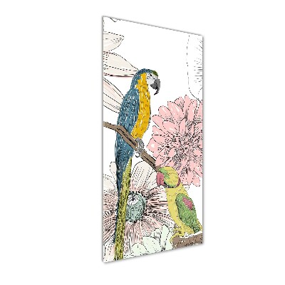 Foto obraz na szkle pionowy Papugi i kwiaty