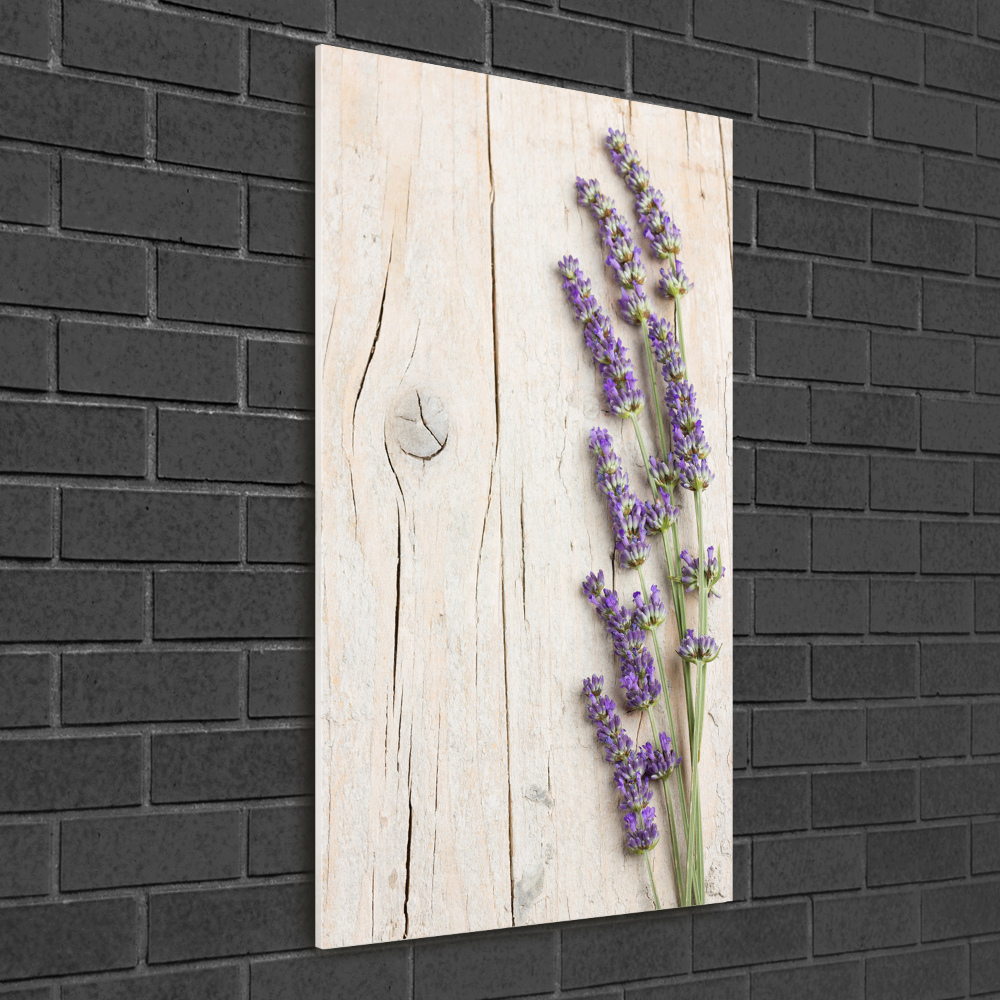 Foto obraz na szkle pionowy Lawenda na drewnie
