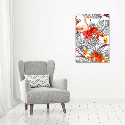 Foto obraz na szkle pionowy Flamingi i kwiaty