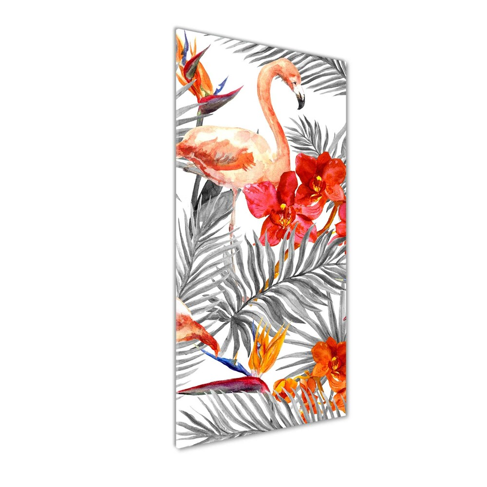 Foto obraz na szkle pionowy Flamingi i kwiaty