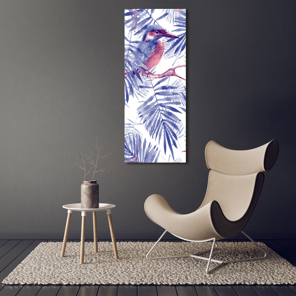Foto obraz na szkle pionowy Liście palmy i ptak