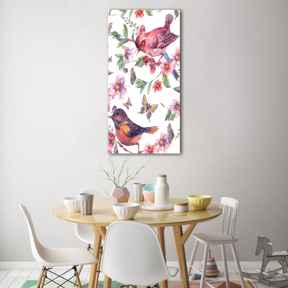Foto obraz na szkle pionowy Ptaki motyle kwiaty