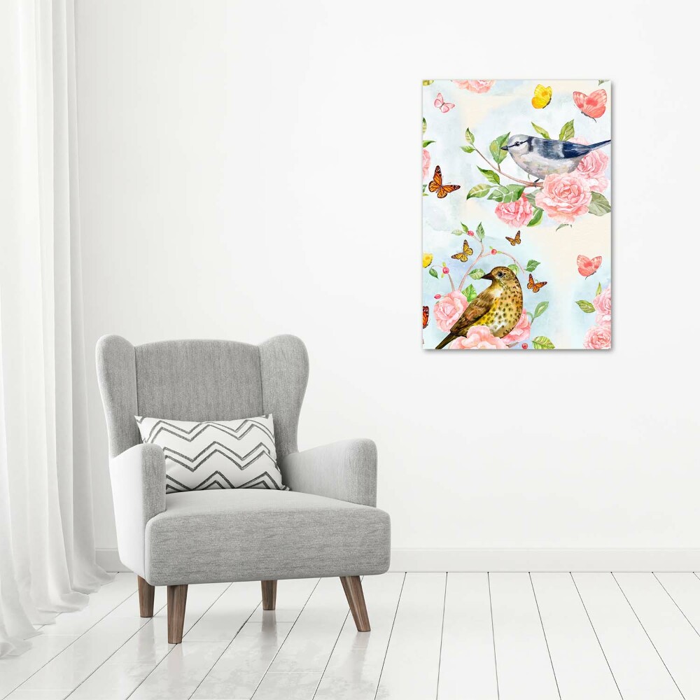Foto obraz na szkle pionowy Ptaki motyle róże