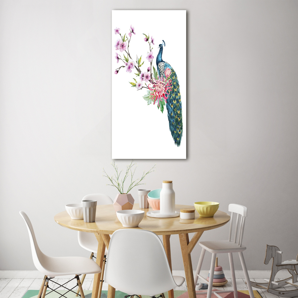 Foto obraz szkło hartowane pionowy Paw i kwiaty