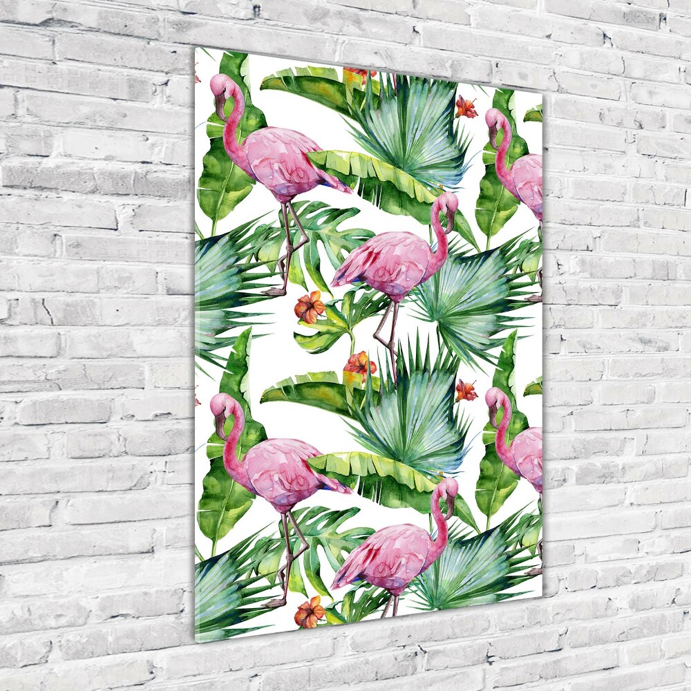 Foto obraz na szkle pionowy Liście i flamingi