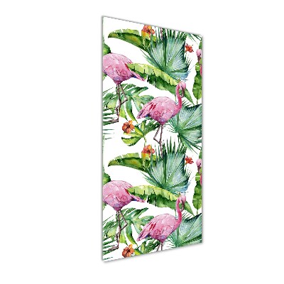 Foto obraz na szkle pionowy Liście i flamingi
