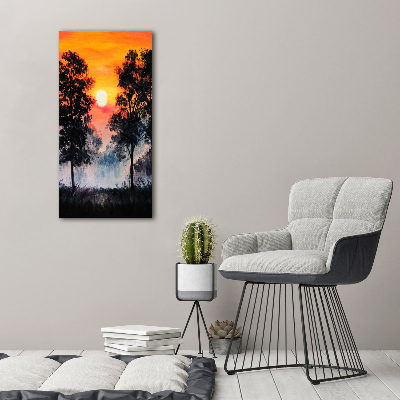 Foto obraz na szkle pionowy Zachód słońca las