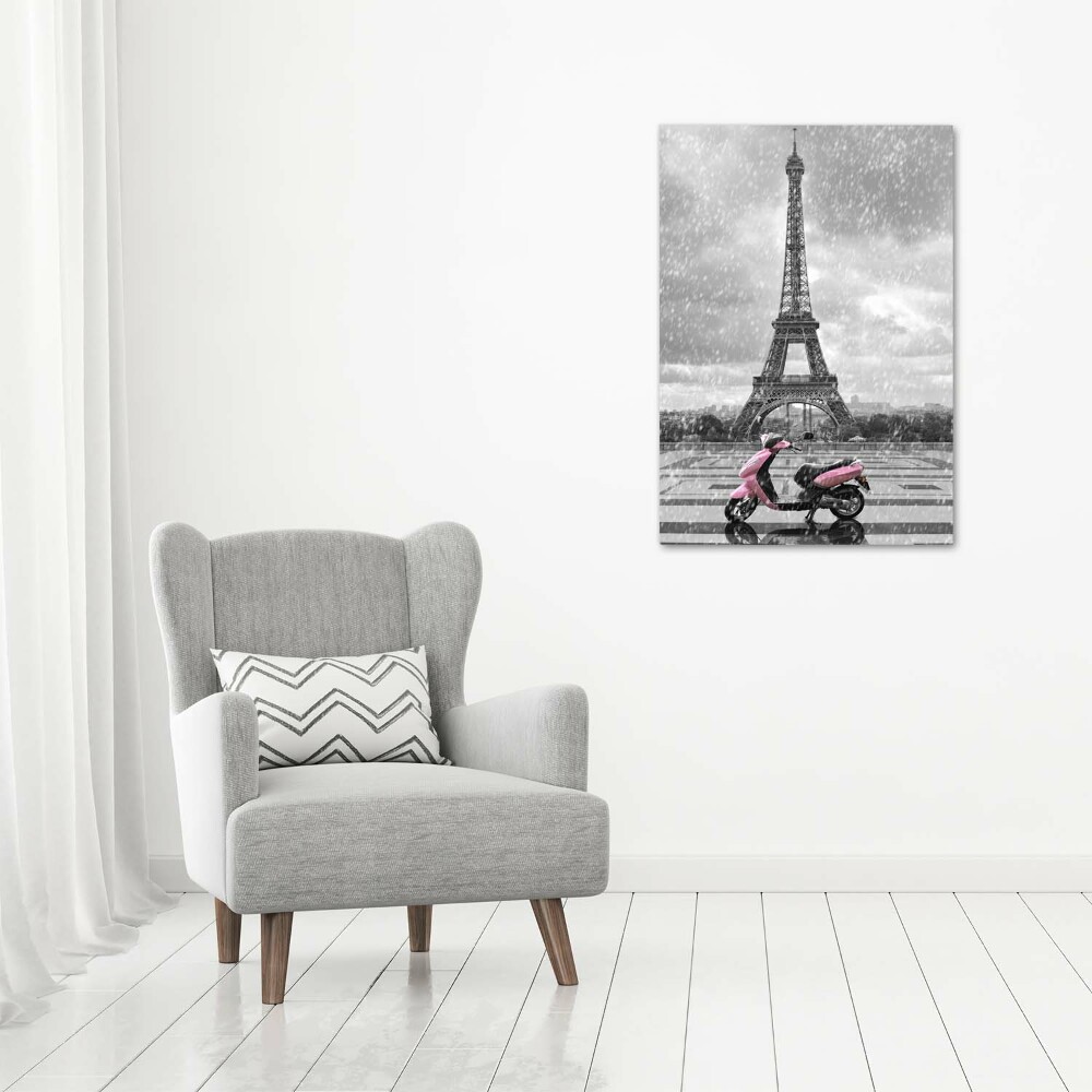 Foto obraz na szkle pionowy Wieża Eiffla skuter
