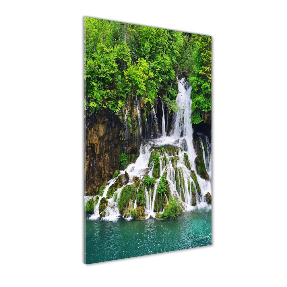 Foto obraz szklany pionowy Wodospad w lesie