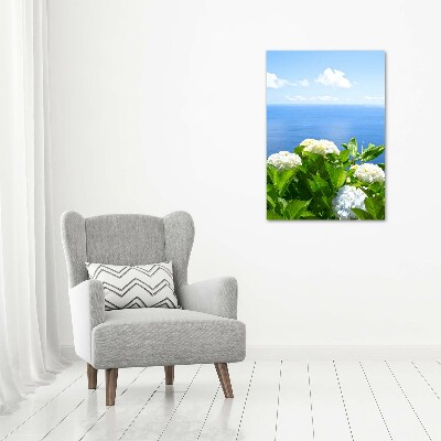 Foto obraz na szkle pionowy Hortensja morze