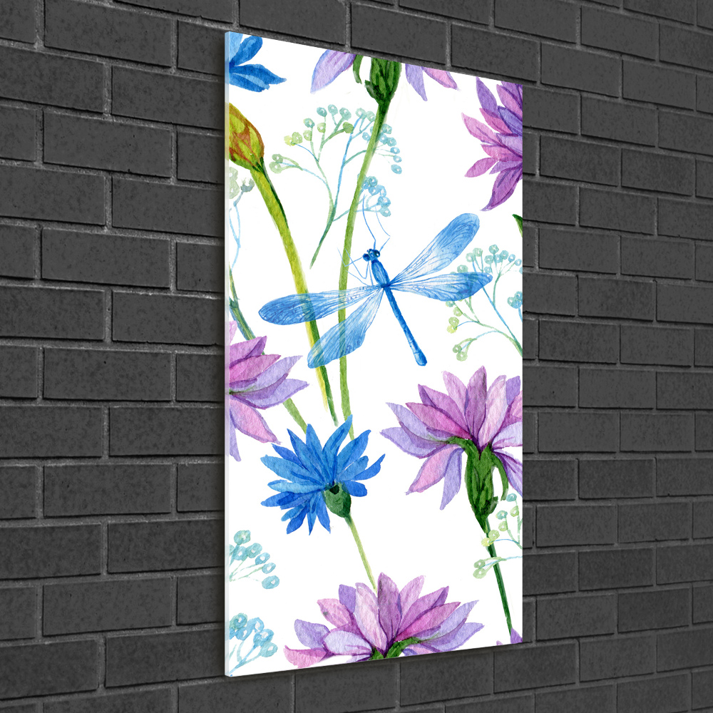 Foto obraz zdjęcie na szkle pionowy Kwiaty i ważki