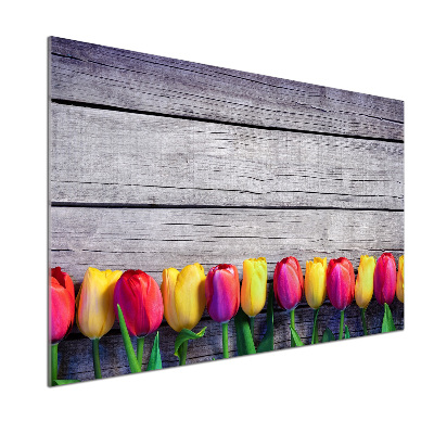 Panel lacobel Tulipany na drewnie