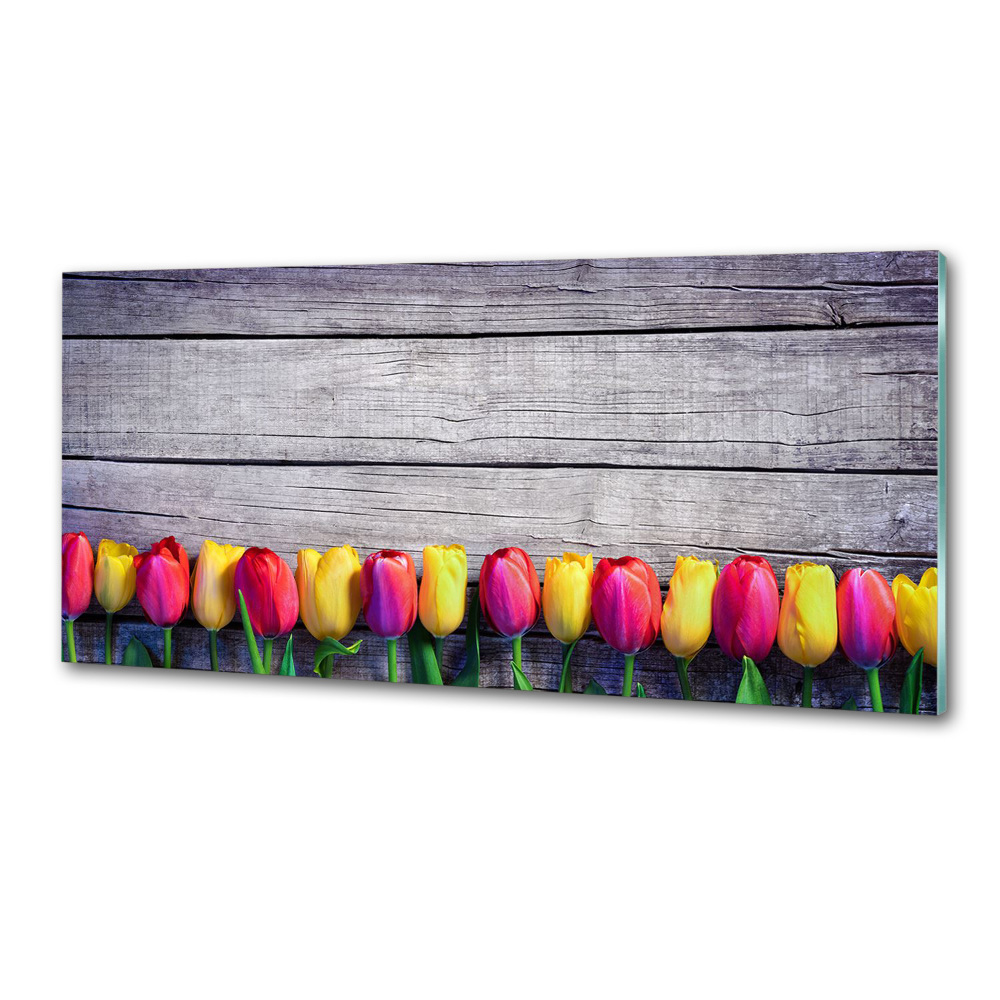 Panel lacobel Tulipany na drewnie