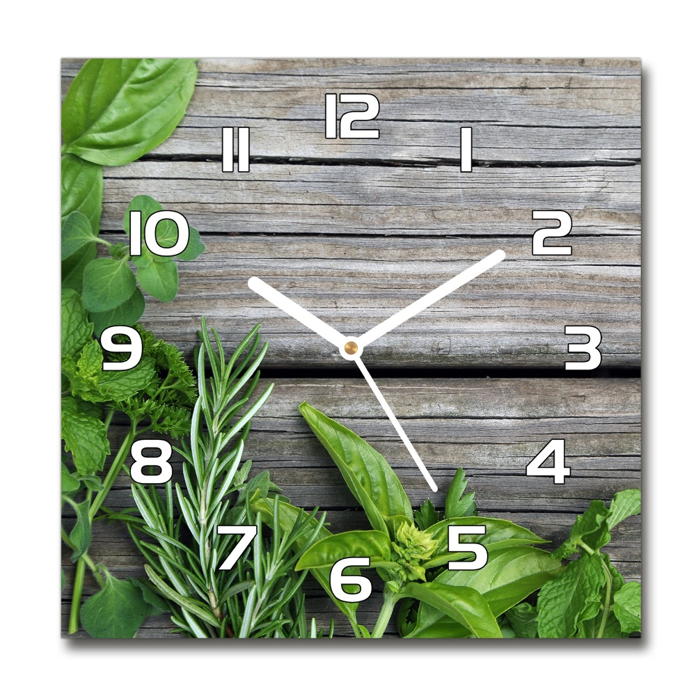 Zegar szklany kwadratowy Drewniane tło zioła