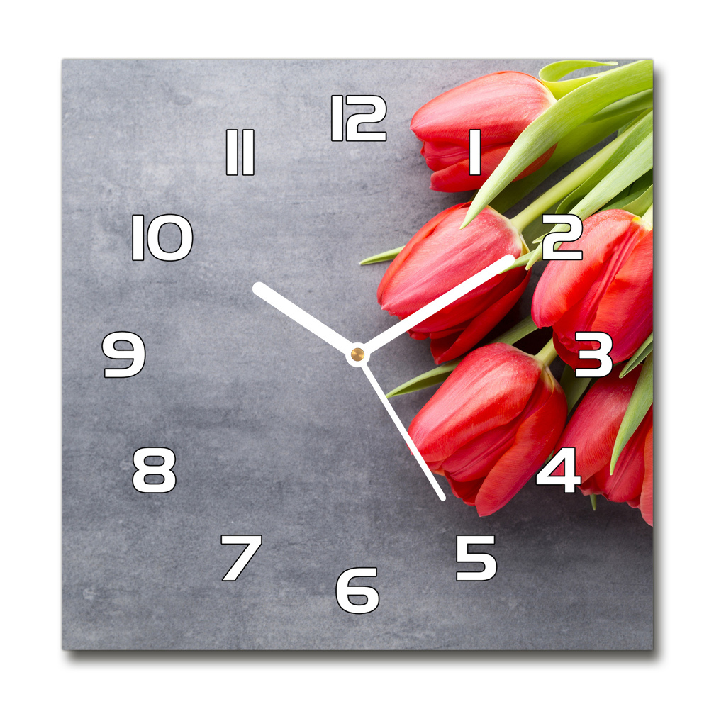 Zegar szklany kwadratowy Czerwone tulipany