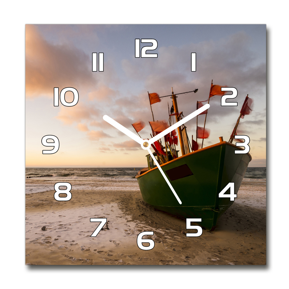 Zegar szklany kwadratowy Kuter rybacki plaża